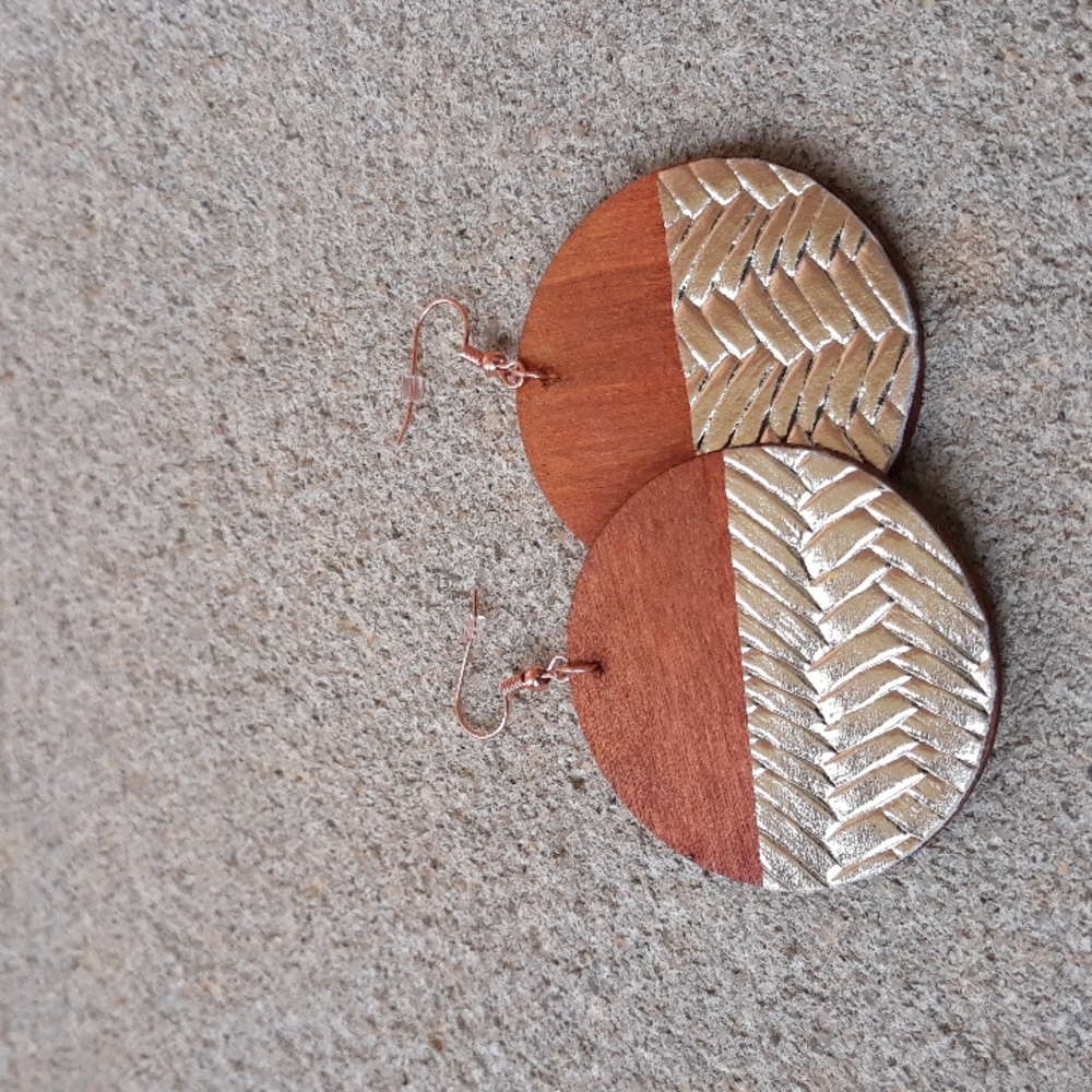 Tan/ Metallic Gold/Circle Geometric Wood Statement Earrings by J.Monique